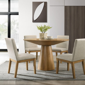 Jasper 5Pc 47" Contemporary Round Dining Table Set with Beige Fabric Chairs