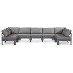 Meridian Furniture - Nizuc Water Resistant Patio U-Shaped Modular Sectional, Gray, 7-Piece: 5 Armless Chair, 2 Corner Chair, Dark Gray Aluminum Frame - Pick and choose your favorites from the Nizuc collection to create a modular seating group the whole gang will enjoy. The sturdy aluminum frame provides dependable support for friends and family as they relax and unwind, and the resilient grey water resistant fabric stands up to the elements without losing its beautiful demeanor, so you can count on it lasting for the long haul. Latches beneath these seating pieces help you easily attach them to one another for convenient setup.