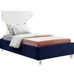 Meridian Furniture - Ghost Velvet Upholstered Bed, Navy, Twin - There's nothing scary about the Ghost navy velvet twin size bed, with its plush cushioned and upholstered side rails and footboard. A curved transparent acrylic headboard allows you to situate it in front of a window without blocking the view, and matching acrylic legs offer a beautiful contemporary appearance. This bed has a complete set of slats included for your convenience, so you won't need to purchase a box spring.