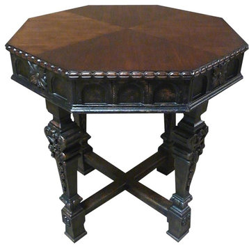 Lamp Table Americana Octagon Intricate Carved Wood Antiqued Blackwash