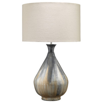 Daybreak Table Lamp, Gray Enameled Metal With Drum Shade, Stone Linen