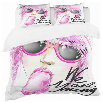 Pink Girl Eating Lollipop Traditional Duvet Cover, Twin