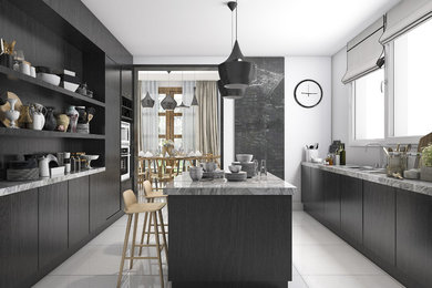 Eat-in kitchen - mid-sized galley ceramic tile and white floor eat-in kitchen idea in Omaha with a double-bowl sink, flat-panel cabinets, medium tone wood cabinets, marble countertops, white appliances, an island and gray countertops