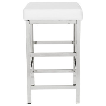 26" Backless Stool in White Fabric with Polished Chrome Legs