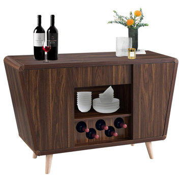 Elegant Bar Cabinet, Unique Design With Rounded Corners & Wine Rack, Walnut