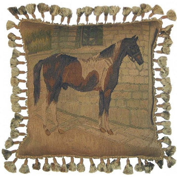 Aubusson Throw Pillow 20"x20" Horse Facing Right Handwoven Wool