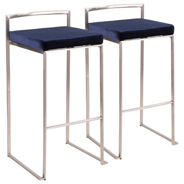 Fuji Stackable Barstool, Stainless Steel With Blue Velvet Cushion, Set of 2
