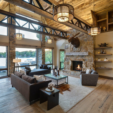 Reclaimed Wood Flooring, Mantel, Paneling, and Timbers in Great Room