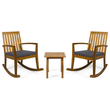 Yvonne Patio Rocking Chairs with Accent Table, Teak Finish/Dark Gray