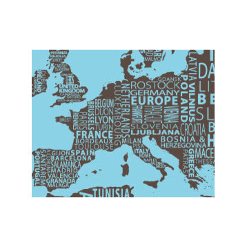 1-World Text Map Wall Mural, Brown on Blue, 8 panel, 142x76"