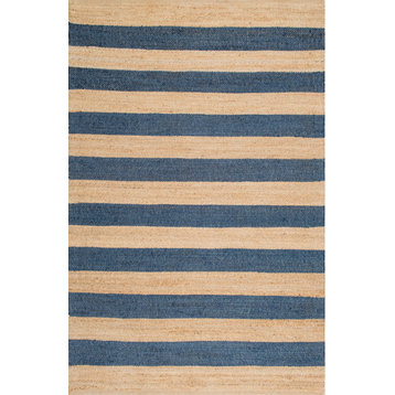 Jute and Denim Even Stripes Area Rug, Natural, 5'x8'