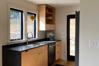 Inspiration for a small modern galley light wood floor kitchen remodel in Boston with an undermount sink, flat-panel cabinets, light wood cabinets, terrazzo countertops, black backsplash, black appliances and black countertops
