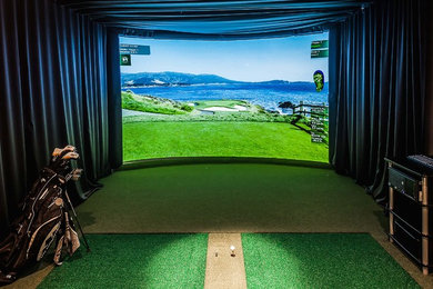 Inspiration for a mid-sized timeless enclosed carpeted and beige floor home theater remodel in Atlanta with a projector screen