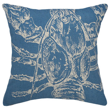 Lobster Printed Linen Pillow With Feather-Down Insert, Navy Blue