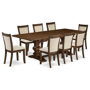 LAMZ9-N8-32 - Dinner Table and 8 Linen Fabric Chairs - Antique Walnut Finish