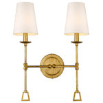 Lighting Favorites - Two Light Traditional Sconce in Gilded Gold with Shade - Simple and Charming, this traditional 2-Light wall sconce mixes old and new to give an updated modern design.   This two light wall sconce combines a base of classic angular lines with a crisp white shade for a luxurious yet simple statement. This allows the sconce to add a bit of drama to any room without overwhelming the space. Finished in Antiqued Gold, and rated for damp location, this 2-light wall sconce can truly work in any room of the home. With a 5 inch diameter backplate and a 20 inch height, this wall sconce works for many higher ceiling spaces. There is a 13 inch height from the top to the outlet, and 7 inches from the outlet to the bottom.  Uses an E12 candelabra based bulb with a max of 60 watts.  Also, LED compatible (bulb not included)