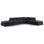 Meridian Furniture - Comfy Upholstered L-Shaped Modular Sectional, Black, 6-Piece: 3 Armless Chair, 1 Corner Chair, 2 Ottoman, Linen Textured Fabric - Give your space a whole new look with this black Comfy linen textured fabric sectional. This handsome sectional fits nicely with other items in the Comfy collection and is a versatile seating option designed for adaptability, comfort and style. Wrapped in rich black durable linen textured fabric upholstery, this sectional offers a plush embrace of overstuffed down feather cushions, carefully crafted to deliver the highest level of comfort. The perfect seat for creating an oasis for relaxation, this sectional has thick foam surrounding its frame for added support and coziness.