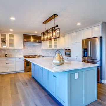 White and Turquoise Kitchen | Transitional Kitchen Remodel | Malibu, CA