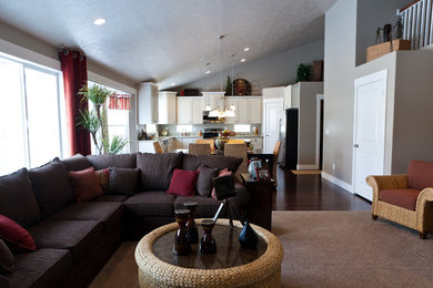 Large elegant open concept carpeted family room photo in Salt Lake City with beige walls, a corner fireplace, a tile fireplace and a tv stand