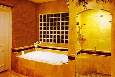 Inspiration for a mid-sized rustic master beige tile and ceramic tile ceramic tile and beige floor bathroom remodel in Philadelphia with beige walls and a hinged shower door