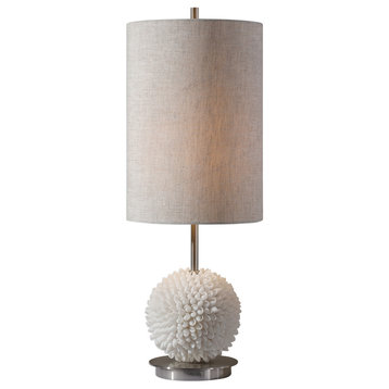Luxe White Sea Shell Sphere Table Lamp, Silver Tall Beige Shade Coastal Ball