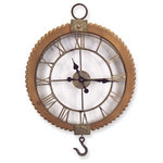 Melrose International - Open Wall Clock w/Hook 21.75"Lx30"H Wood/Metal - Large vintage look clock resembles an old fashioned gear. Handsomely crafted of wood with metal Roman numerals and hook. Lends a vintage vibe on a grand scale!