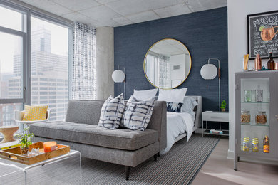 Inspiration for a small contemporary loft-style light wood floor bedroom remodel in Chicago with blue walls