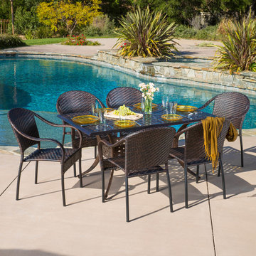Contemporary Outdoor Patio Ft. 7pcs Cast Aluminum Wicker Dining Set