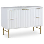 Meridian Furniture - Modernist Bathroom Vanity, 48" Wide, Brushed Gold Finish - Give your bathroom a fresh new look with this Modernist bathroom vanity. This 48-inch vanity features a strikingly rich white finish for a clean, contemporary aesthetic. Brushed gold stainless steel legs and handles add to its robust appearance, and a quartz top adds to its resilient beauty. A sink made from ceramic lends the vanity lasting performance. Store bathroom essentials close at hand in the convenient slide-out drawer located on the bottom of the unit.