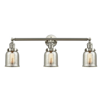 Small Bell 3-Light 30" Bath Fixture, Brushed Satin Nickel, Glass: Silver Mercury