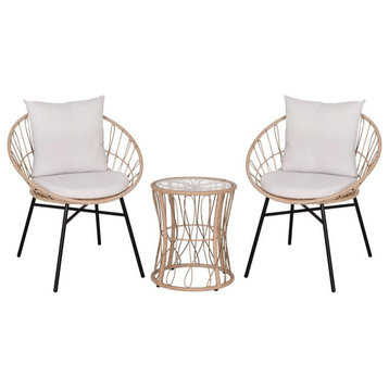 Devon 3-Piece Bistro Set, 2 Papasan Chairs w/Cushions, Glass Top Side Table, Tan