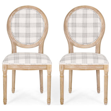 Set of 2 Dining Chair, Natural Rubberwood Frame & Padded Seat, Gray Plaid