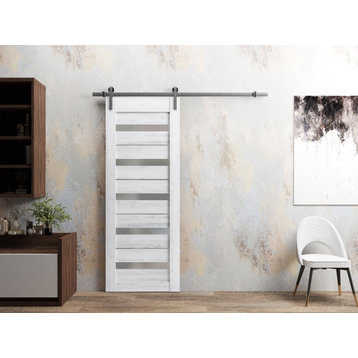 Barn Door 42 x 80, Quadro 4445 Nordic White & Frosted Glass, Silver 8FT