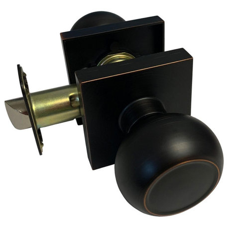 Square Plate Round Knob Contemporary Door Handle, Dark Oil Rubbed Bronze, Passag