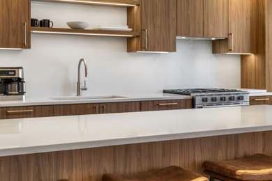 Mid-sized minimalist single-wall open concept kitchen photo in Chicago with flat-panel cabinets, medium tone wood cabinets, stainless steel appliances and an island