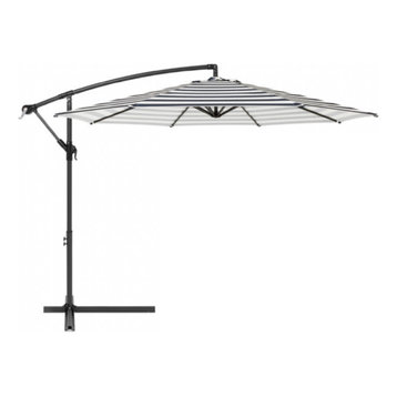 Outdoor Patio Umbrella 10' Aluminum Cantilever, Crank and Base, Navy Stripe