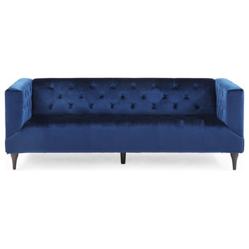 Contemporary Sofa, Midnight Blue Velvet Seat With Diamond Shaped Button Tufting