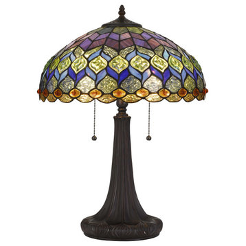 Benzara BM233347 120 Watt Tiffany Table Lamp With Engraved Base, Multicolor