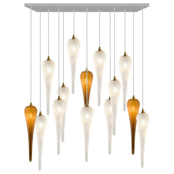 Icicle 14 Blown Glass Chandelier, Silver, 36", Clear and Honey Glass