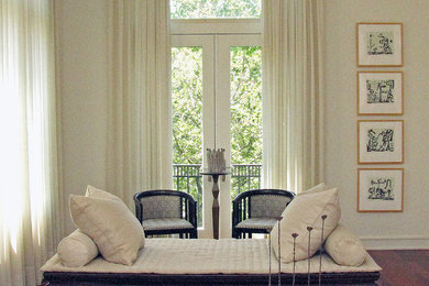 Inspiration for a contemporary dark wood floor living room remodel in Chicago with white walls