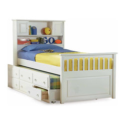 Captain's Bookcase Bed with 3 Drawer Trundle Bed in White Finish - Kids Beds