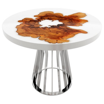 Rustic Olive Wood Round Table, Epoxy Resin & Wood, White Resin, 39.5", Chrome