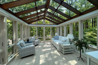 Sunroom - mid-sized traditional ceramic tile and gray floor sunroom idea in Portland Maine with no fireplace and a glass ceiling