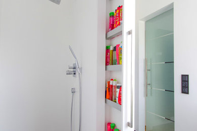 Modernes Duschbad mit flächenbündigen Schrankfronten und weißen Schränken in Sonstige