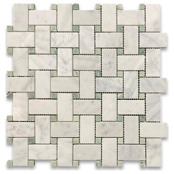 Basketweave Statuary White Marble 1x2 Mosaic Tile Green Dot Honed, 1 sheet
