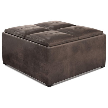 Storage Ottoman, Faux Leather Upholstery and Flip Over Trays, Distressed Brown