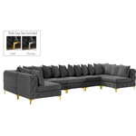 Meridian Furniture - Tremblay Velvet Upholstered 7-Piece Modular U-Shaped Sectional, Grey - Lean back and relax on this Tremblay sectional. Featuring soft grey velvet upholstery with deep button tufting, this sectional adds a bold touch to any living space. A complete set of gold and chrome legs are included, so you can change it up to suit your home decor. This sectional is modular, so you can create infinite configurations with it, which are easily attached using the latch underneath the frame. Its contemporary design is perfect for the modern home.