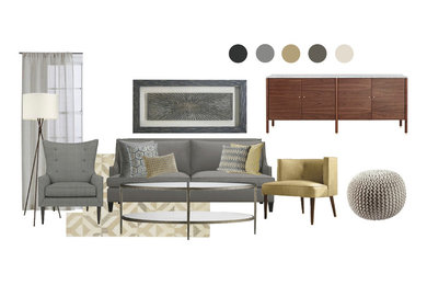 Mid-sized trendy open concept dark wood floor living room photo in Los Angeles with beige walls