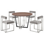 Armen Living - Joana Anastasia Brushed Steel & Gray Fabric Walnut Dining Table 5-Piece Set - Make a modern and sophisticated statement with our Joana Anastasia 5 Piece Dining Set by Armen Living. This set includes 1 Joana Round Walnut Dining Table with a mixed metal base and 4 Anastasia Dining Chairs in Fabric and Metal. The crisp lines and a compelling blend of materials and finishes bring eye-catching charm and elegance to this dining set. The round tabletop features a classic walnut veneer to showcase the rich finish and natural textures of the wood. The 48" round tabletop rests upon a clean-line, geometric base to offer a sleek and modern design. Our dining table can serve as a stunning companion to the striking and stylish Anastasia dining chairs. A cylindrical cushion is beautifully balanced upon its airy frame to offer comfortable back support. Its cushioned backrest and padded seat showcase a neat channeling detail that provides texture for a chic and inviting look. The Anastasia chair is upholstered in performance fabric to offer easy care and maintenance. Altogether this dining set serves as a fashionable and versatile fit to your kitchen, dining, or living space. This dining set features high-quality materials and craftsmanship to create a sturdy foundation for dinners, conversations, and activities. The Joana Anastasia 5 Piece Round Walnut Dining Table Set is available in matching finishes and a variety of colors, or sold separately to achieve any look you desire.