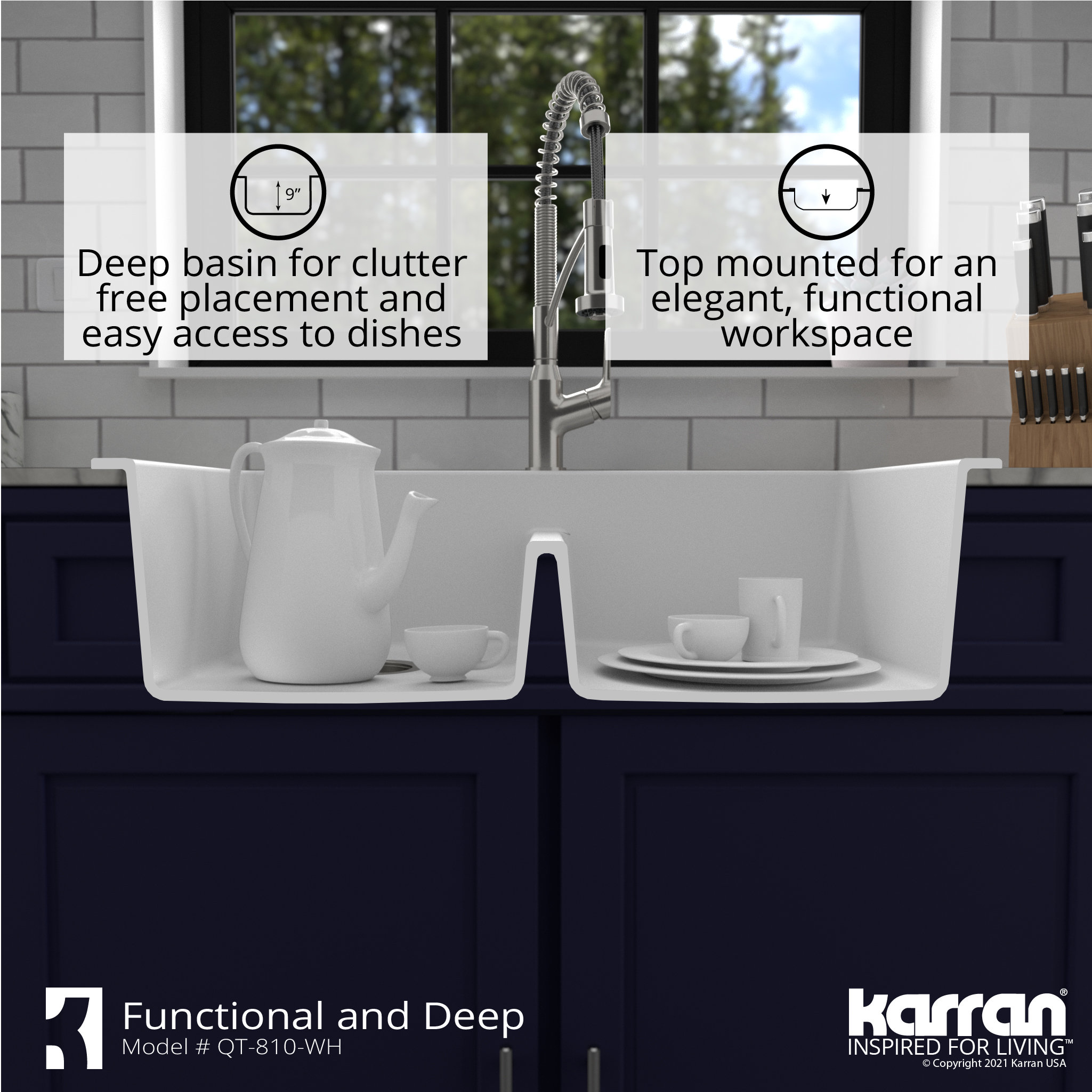 Karran 33" Top Mount Double Equal Bowl Quartz Kitchen Sink, White
